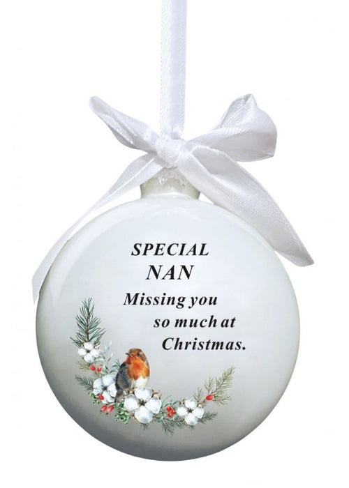 Glass Bauble With Robin And Bow Tie Ribbon Hanger - Nan