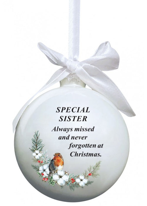 Glass Bauble With Robin And Bow Tie Ribbon Hanger - Sister