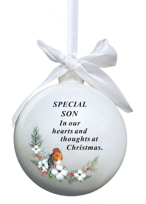Glass Bauble With Robin And Bow Tie Ribbon Hanger - Son