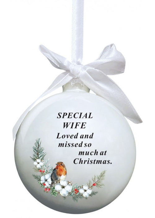 Glass Bauble With Robin And Bow Tie Ribbon Hanger - Wife
