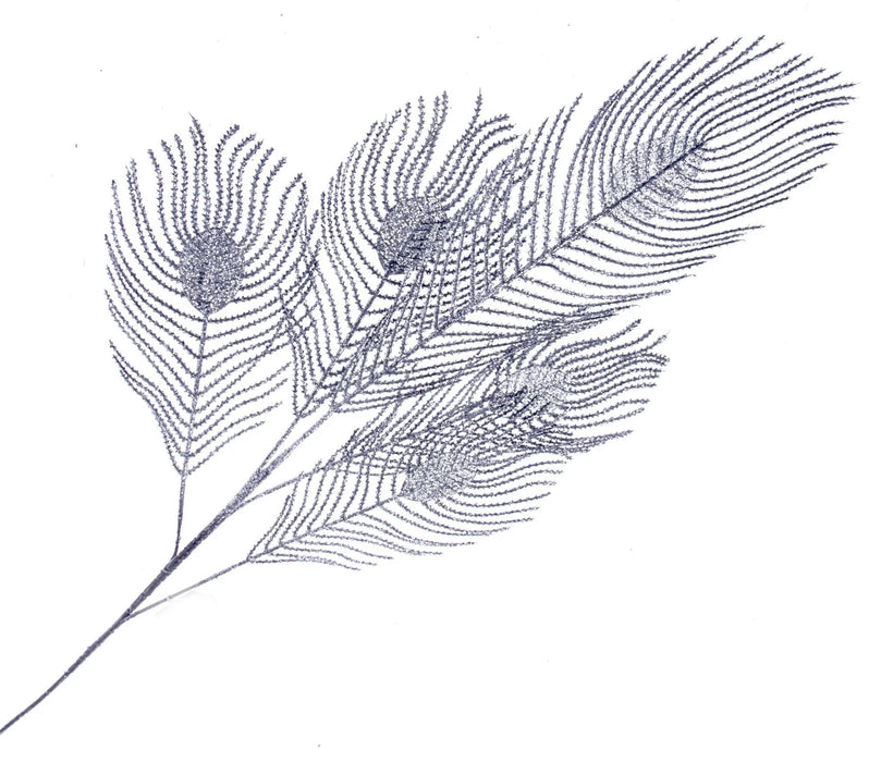 Glittered Peacock Feather Spray - Black/Silver - 93cm Long