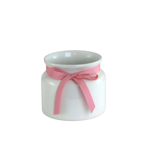 Gloss White Ceramic Pot with Pink Ribbon - 9cm
