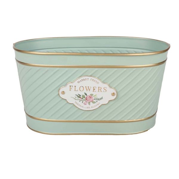 Green Flower & Garden Zinc Oval Pot -D19.5 x H11.4cm