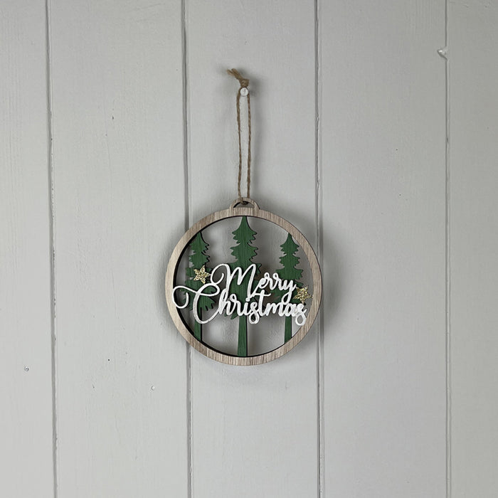 Hanging Wooden 'Merry Christmas' Green Tree Scene with Star x 11cm