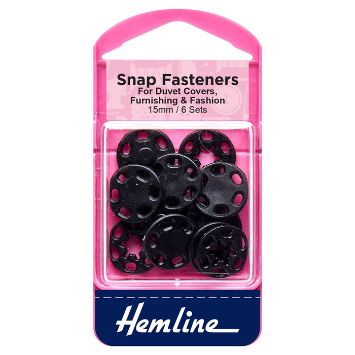 Hemline Snap Fasteners - Sew-on - Black (Plastic) 15mm Pack of 6