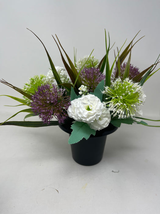 HANDMADE replacement pot with 3 ivory alliums\3 purple alliums+ mini carnation