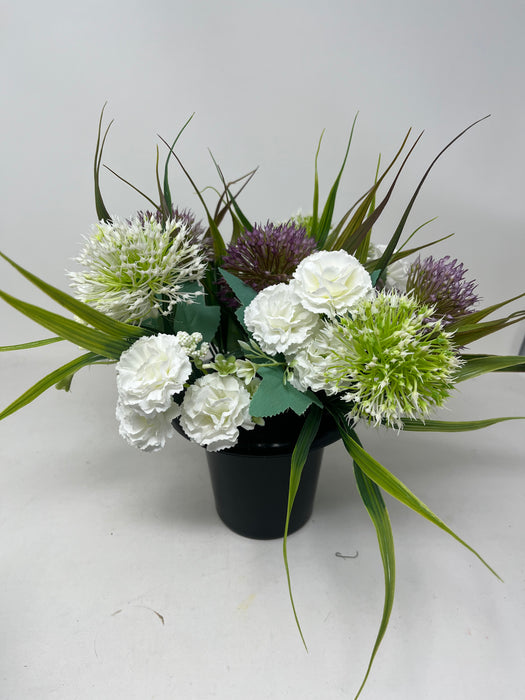 HANDMADE replacement pot with 3 ivory alliums\3 purple alliums+ mini carnation