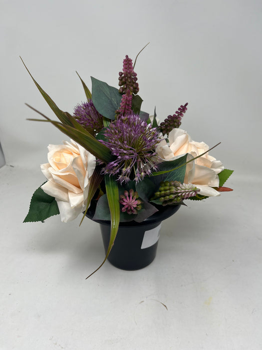 HANDMADE replacement pot with apricot roses, purple allium and lupin
