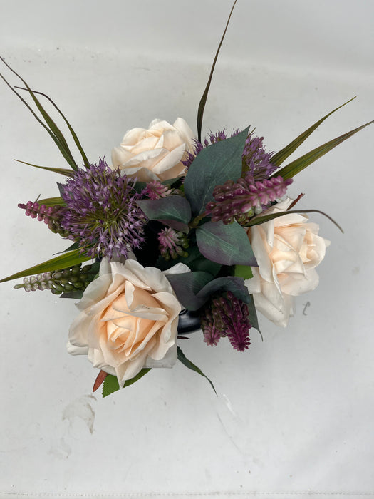 HANDMADE replacement pot with apricot roses, purple allium and lupin