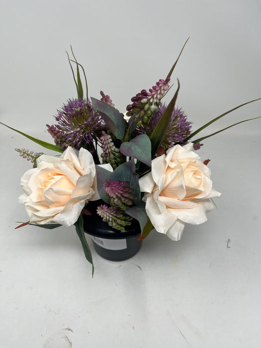 HANDMADE replacement pot with apricot roses, purple allium and lupin