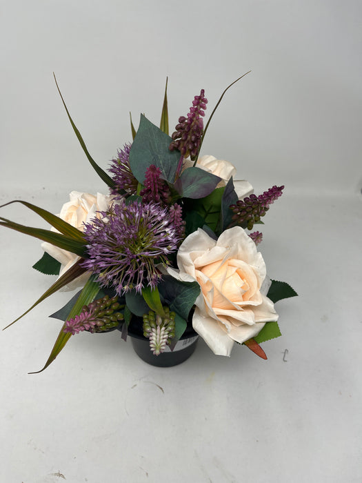 HANDMADE replacement pot with apricot roses, purple allium and lupin