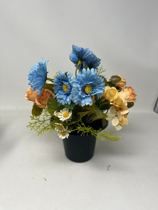 HANDMADE replacement pot with blue daisy \peach hydrangea rose