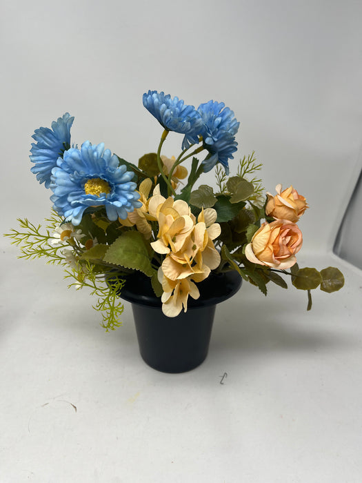 HANDMADE replacement pot with blue daisy \peach hydrangea rose