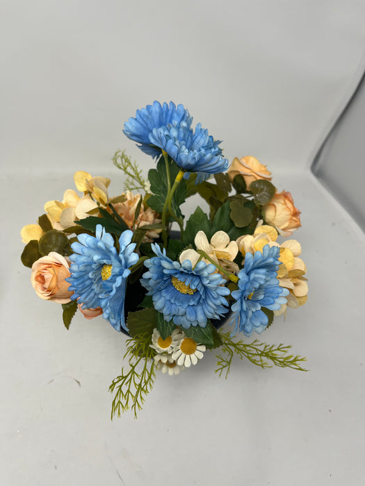 HANDMADE replacement pot with blue daisy \peach hydrangea rose