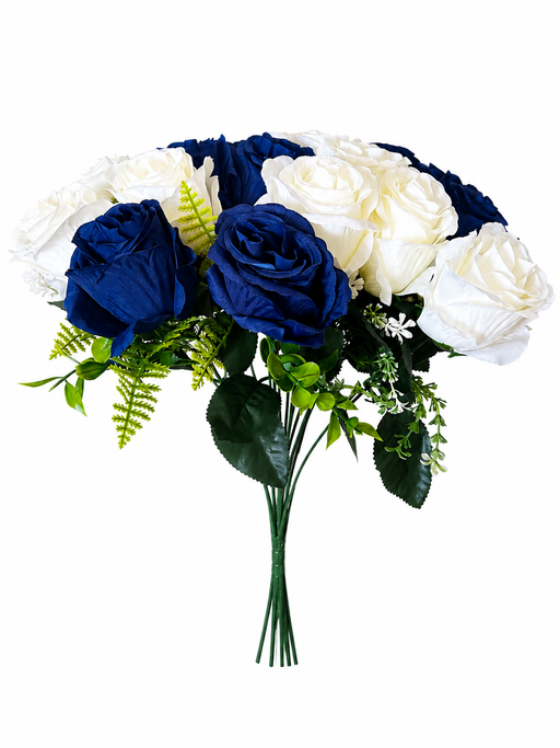 Large 18 Head Rose Bush - Ivory & Royal Blue