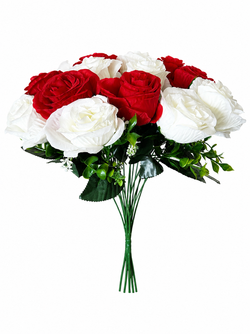Large 18 Head Rose Bush - Ivory & Red
