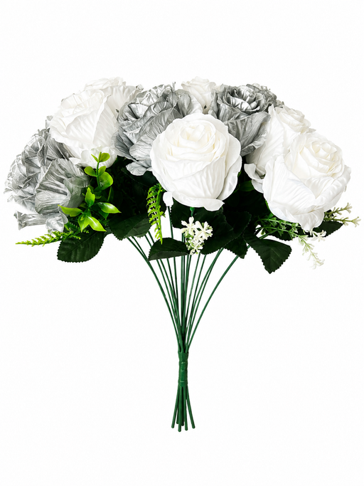 Large 18 Head Rose Bush - Ivory & Silver