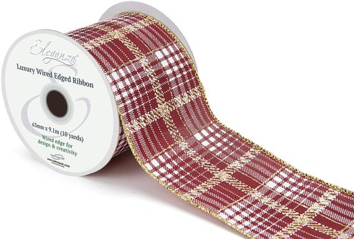Luxury Burgundy & Gold Metallic Tartan Wired Ribbon Roll - No.474 - 63mm x 9.1m
