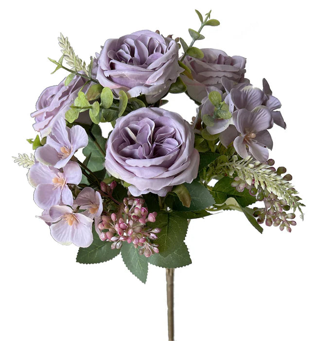 Artificial Mini Garden Rose Bush - Lilac - 37cm long