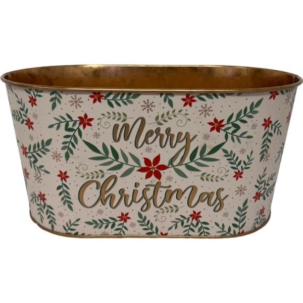Merry Christmas Oval Zinc Pot  - Leaf Design