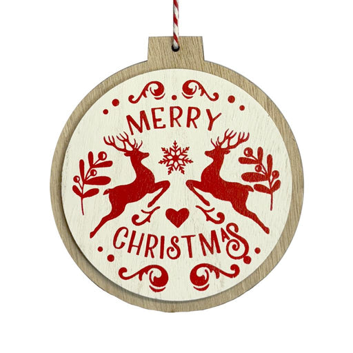 Merry Christmas Red & Cream Wooden Bauble x 10.5cm 