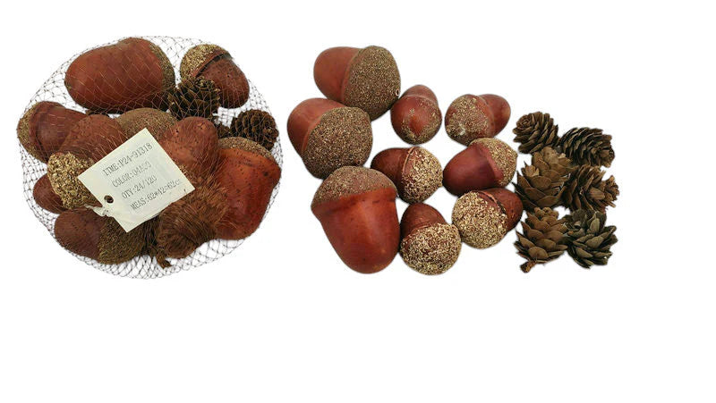 Mixed Artificial Acorn and Pinecone Bag - Brown - 9 Acorns and 6 Pinecones