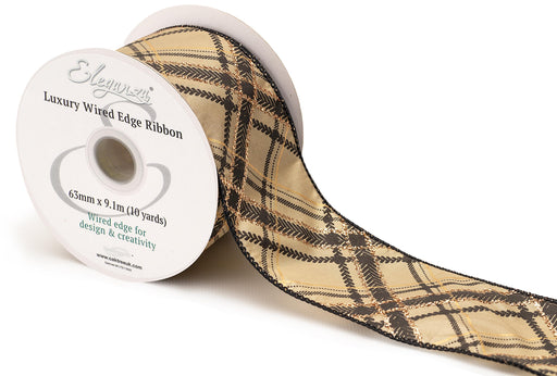 Mocha and Black Chequered Wired Edge Christmas Ribbon 63mm x 10 Yards