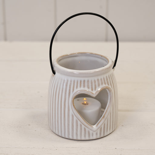 Natural Ceramic Tealight Holder with Cut Out Heart Detail - H8cm