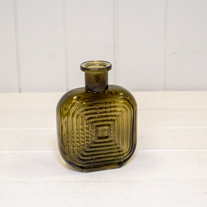 Olive Green Square Glass Bottle with Ribbed Design - H14cm