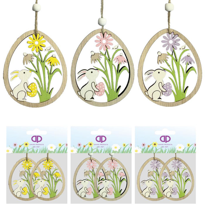 Pack of 2 Wooden Bunny Egg Hangers - One Pack Selected at Random
