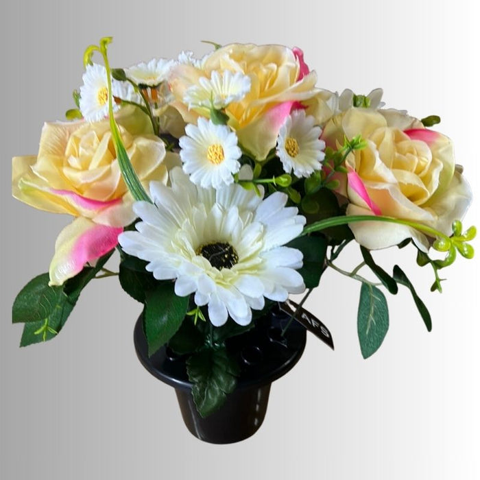Pink & Cream Rose Gerbera & Daisy Grave Pot