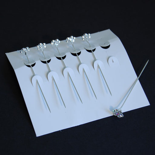 Pins with Diamante Flower 9mm x 72mm - Pack of 6 - Silver