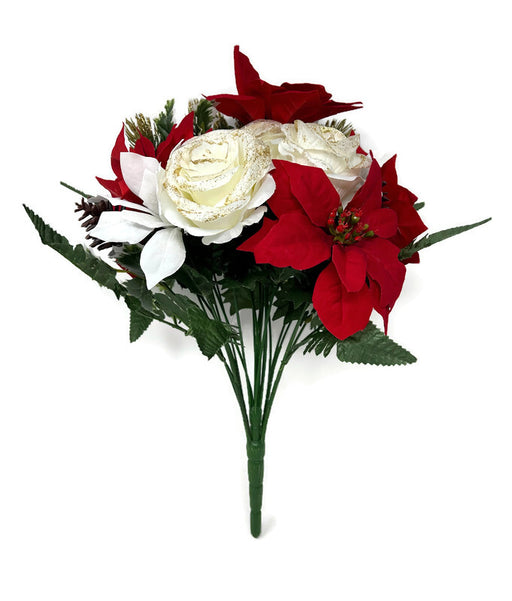 Poinsettia Holly & Glittered Rose Bush x 42cm - Red & Cream
