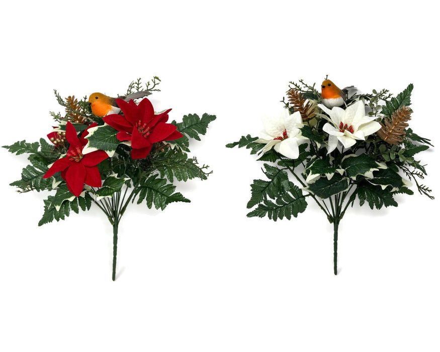Poinsettia Holly & Robin Bush x 36cm – Colour Selected at Random