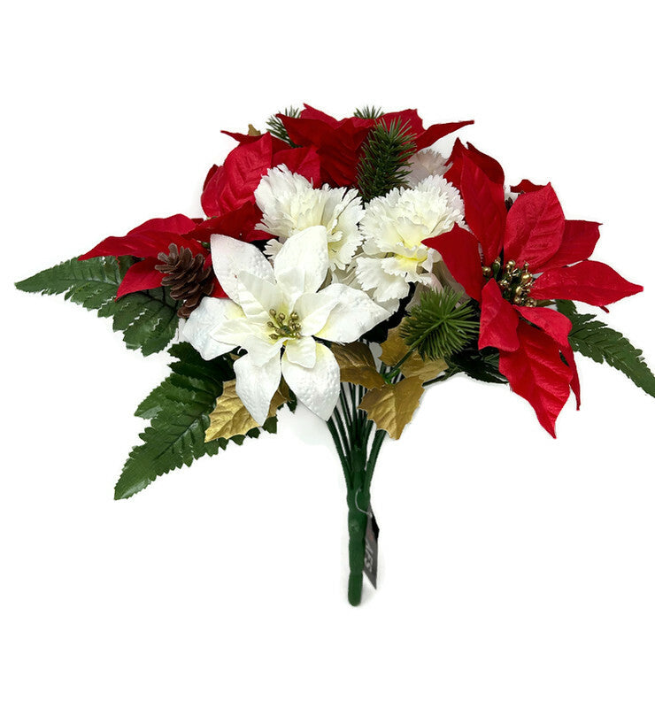 22 Head Poinsettia Carnation & Pine Cone Mixed Foliage Bush x 36cm R