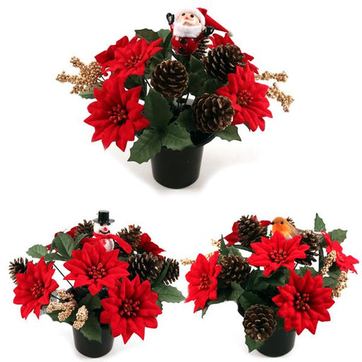 Poinsettia & Pinecone Grave Pot with Robin Or Santa - Selected at Random
