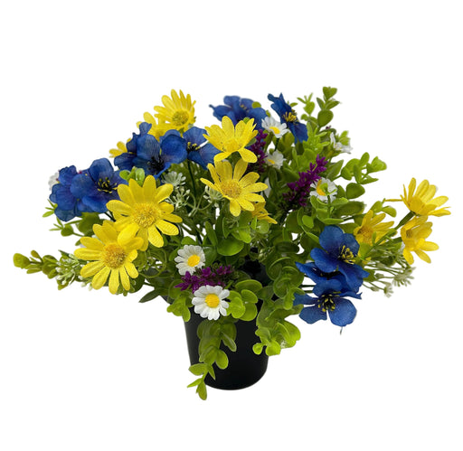 Pre-filled Meadow Flower Grave Pot - Blue & Yellow