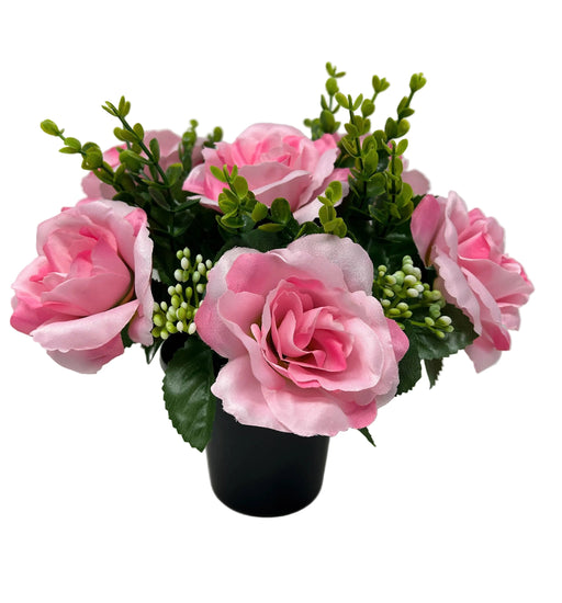 Pre-filled Open Rose & Gypsophila Grave Pot - Pink