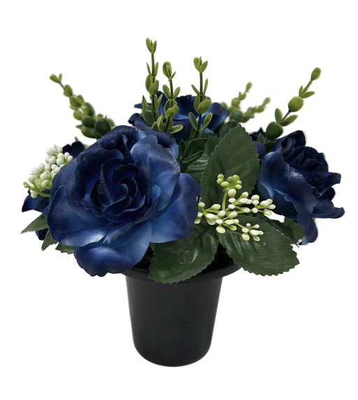 Pre-filled Open Rose & Gypsophila Grave Pot - Royal Blue