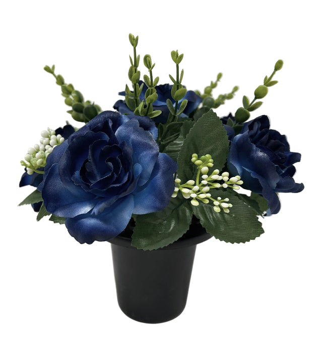 Pre-filled Open Rose & Gypsophila Grave Pot - Royal Blue