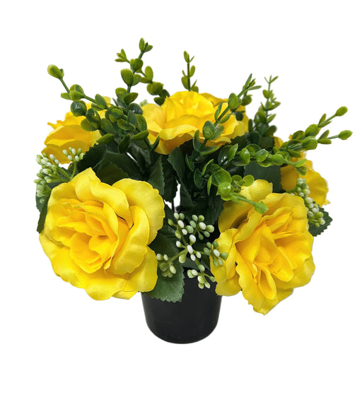 Pre-filled Open Rose & Gypsophila Grave Pot - Yellow
