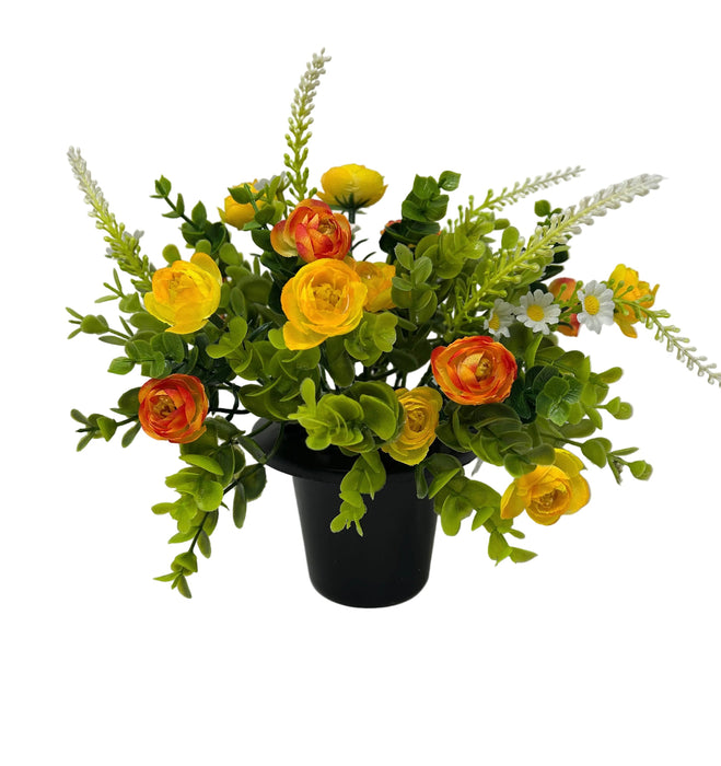 Pre-filled Ranunculus & Eucalyptus Grave Pot - Orange & Yellow