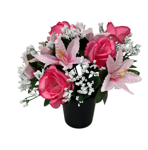 Pre-filled Rose Lily & Gypsophila Grave Pot - Pink