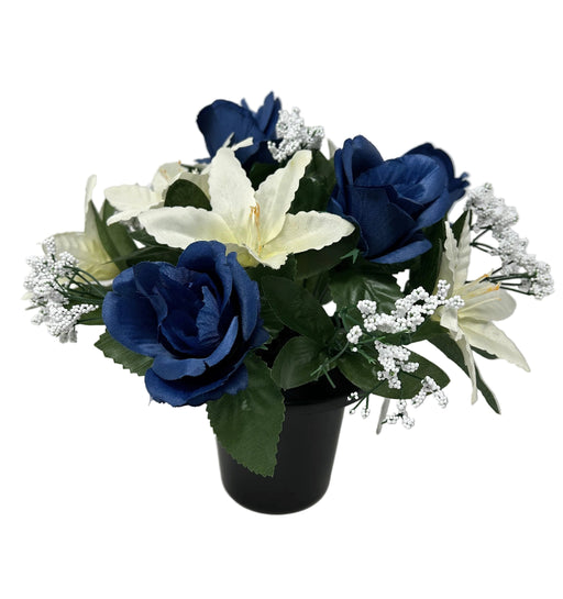 Pre-filled Rose Lily & Gypsophila Grave Pot - Royal Blue