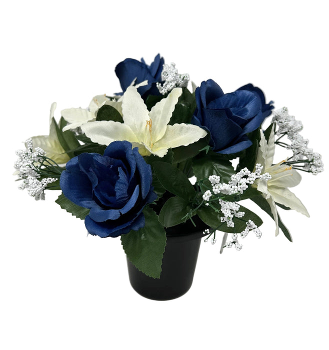 Pre-filled Rose Lily & Gypsophila Grave Pot - Royal Blue