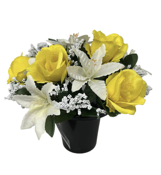 Pre-filled Rose Lily & Gypsophila Grave Pot - Yellow