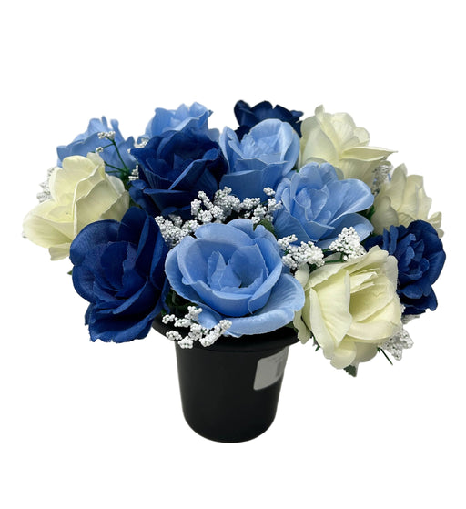 Pre-filled Rose & Gypsophila Grave Pot - Blue & Cream