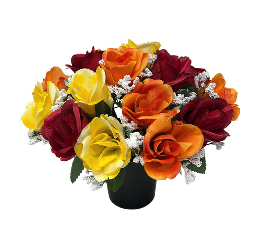 Pre-filled Rose & Gypsophila Grave Pot - Orange & Yellow