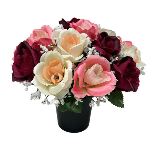Pre-filled Rose & Gypsophila Grave Pot - Pink & Red