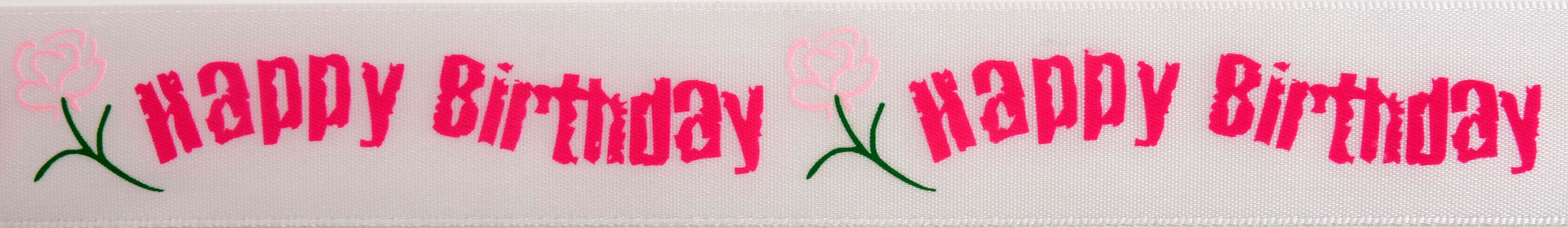 25mm x 3m Hot Pink on White Happy Birthday Ribbon